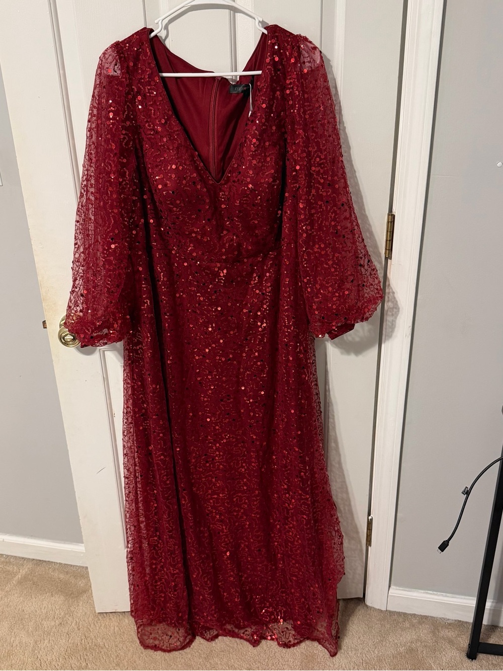 Ever Pretty Deep Red Sequin V-Neck Long Sleeve Gown